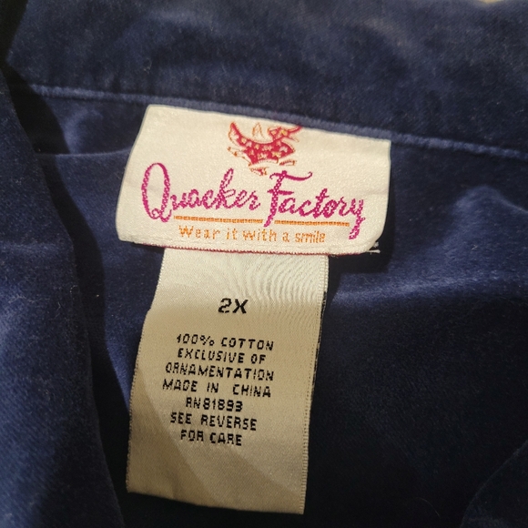 Quacker Factory Women's 2X Blue Velour Zip front jacket w/rhinestone trim - Picture 2 of 10